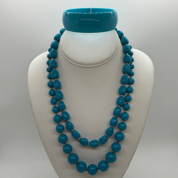Vintage Turquoise Acrylic Set 2 Necklaces Bangle Bracelet Chunky Bead Statement - Picture 3 of 13